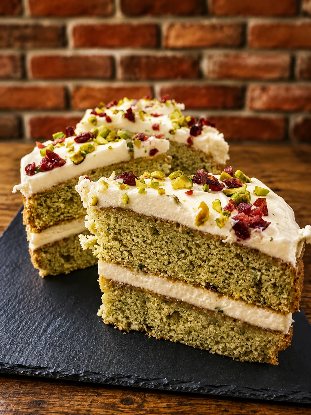 Slices of layered cake topped with pistachios and fruit
