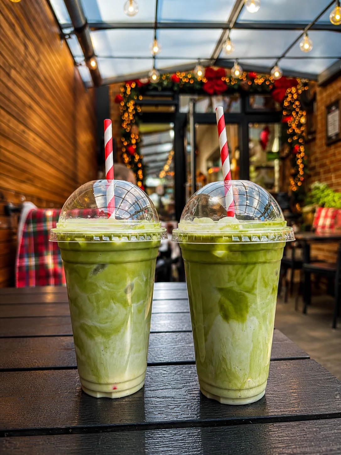 Two green cold drinks served outside 52 Broadway