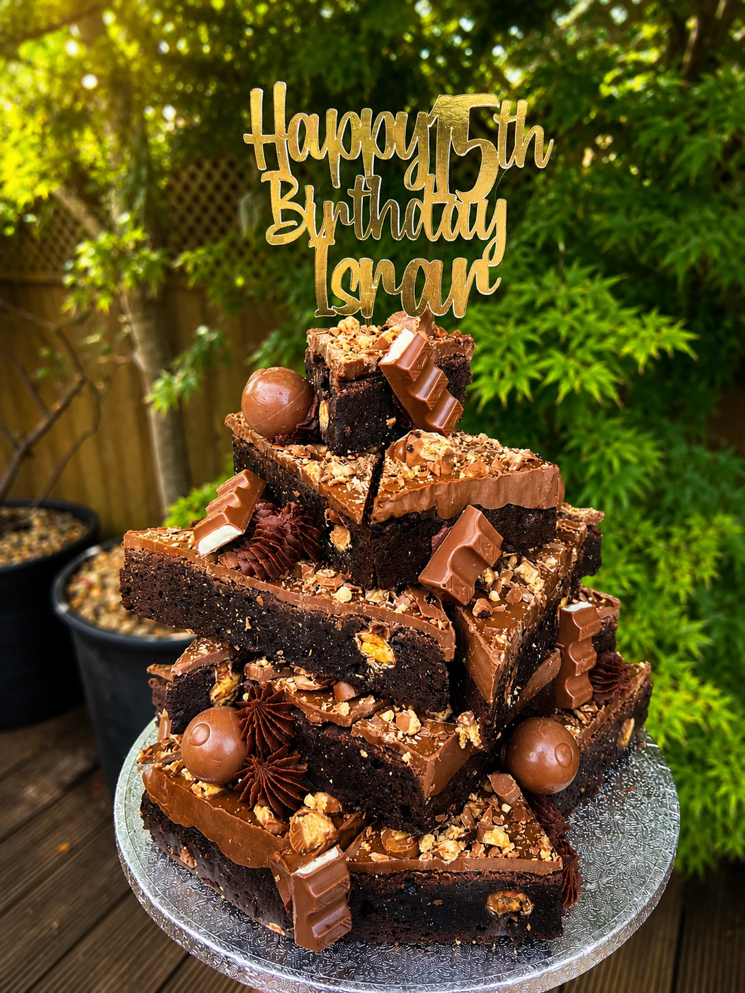 A chocolate brownie stack made for a 45th birthday