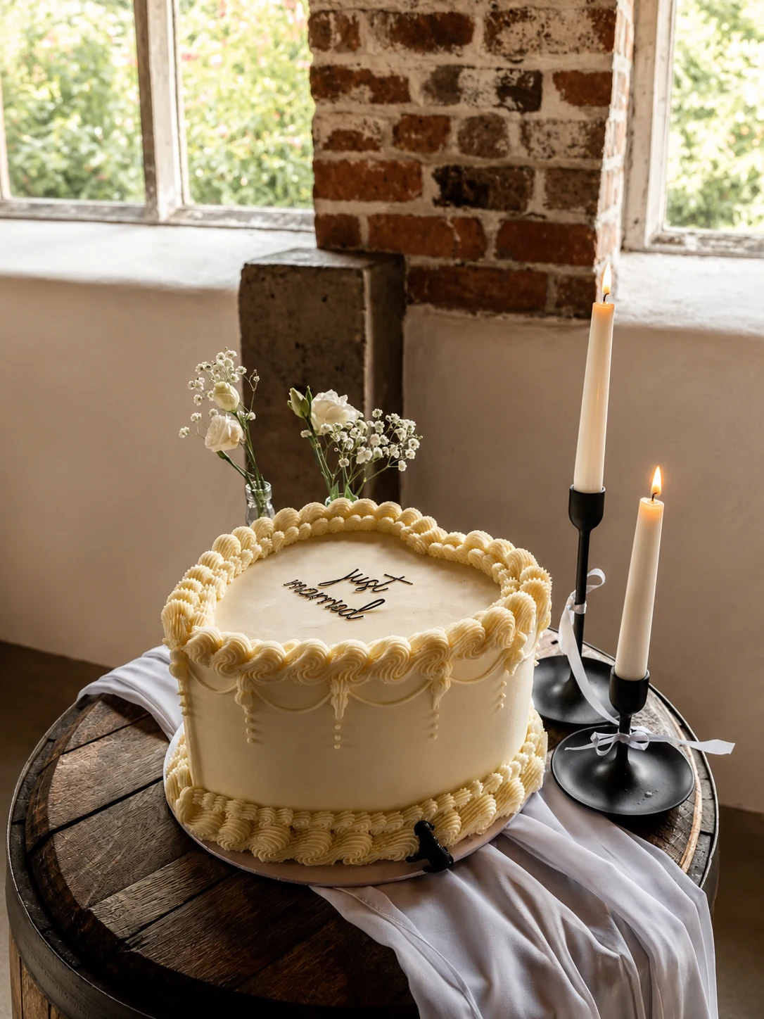 A white wedding cake displayed beside candles and flowers